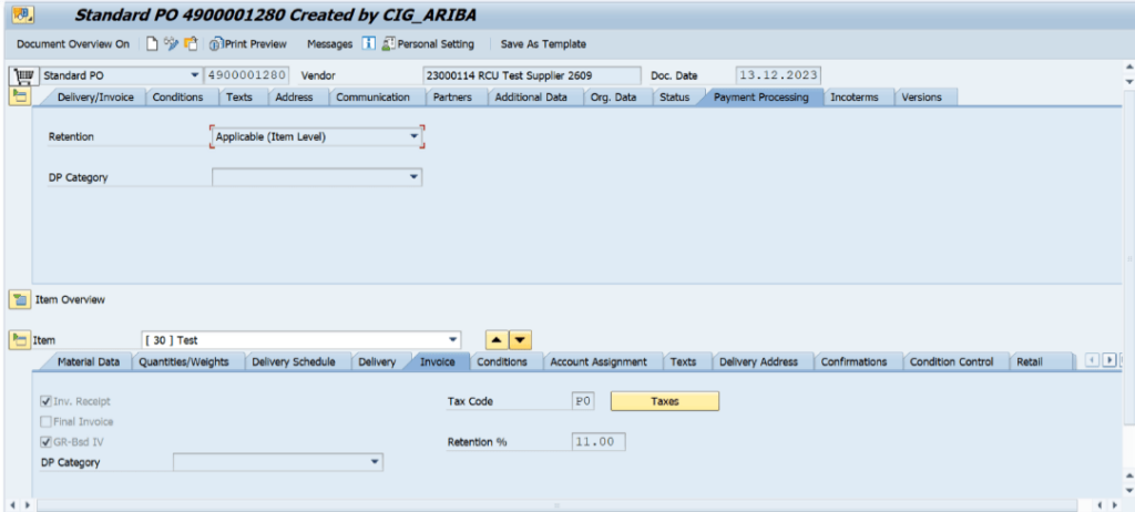 Retention Percentage Missing in Purchase Order