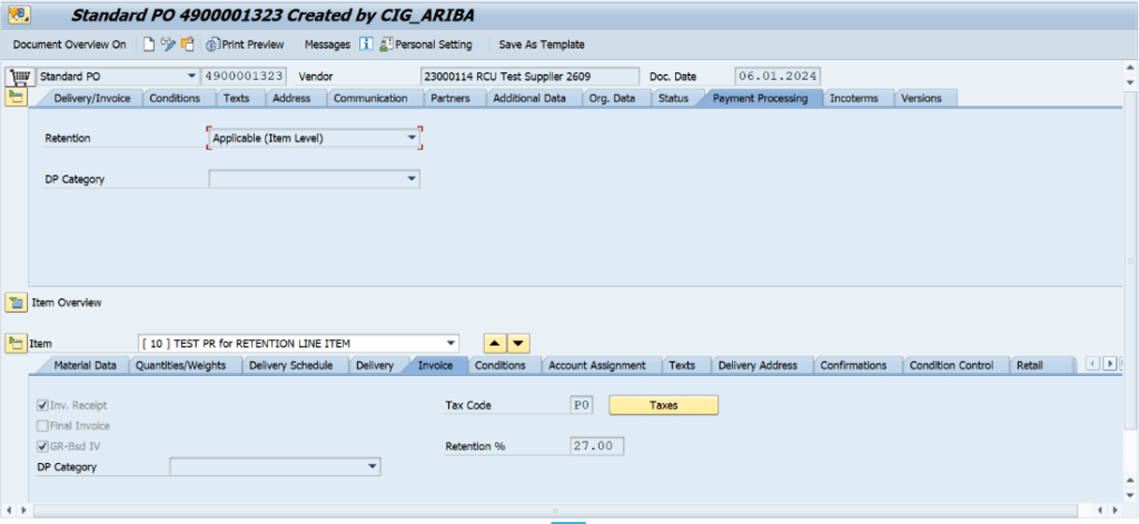 Purchase Order with Item level Retention Type 