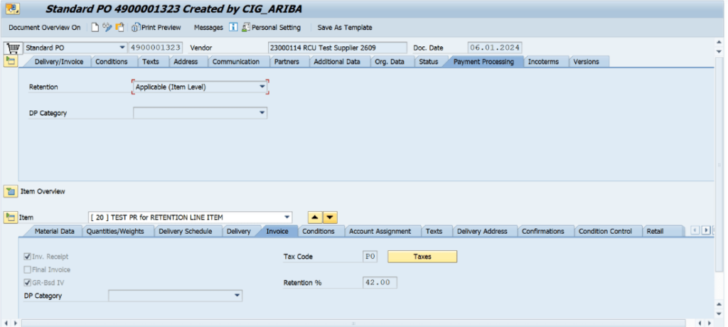 Purchase Order with Item level Retention Type 